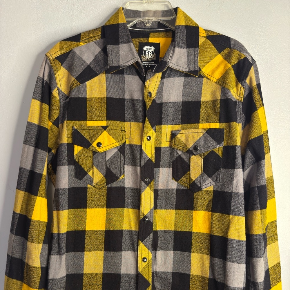 Route 66 Yellow and Black Casual Flannel Men Button Down Shirt Size M